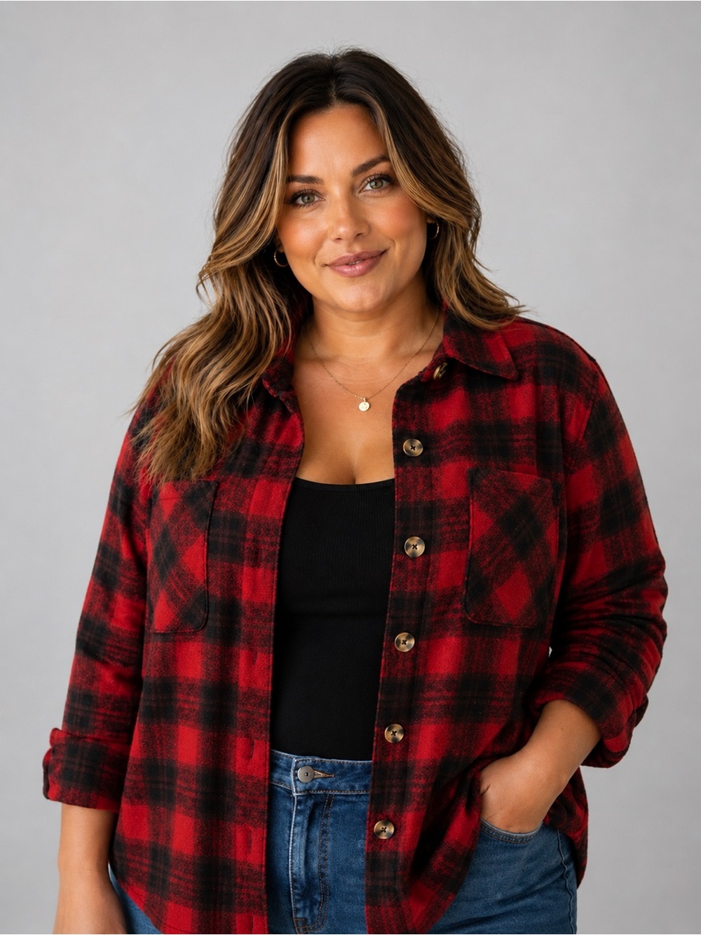 Terra & Sky Women's Plus-Size 1X Red & Black Plaid Button-Front Coat Jacket
